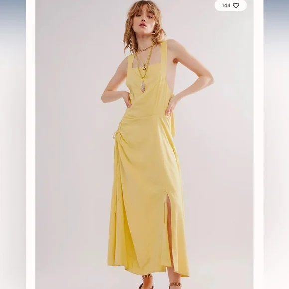 Free People | Dresses | Free People Sienna Linen Ruched Square Neck Midi  Slit Dress 2 | Poshmark
